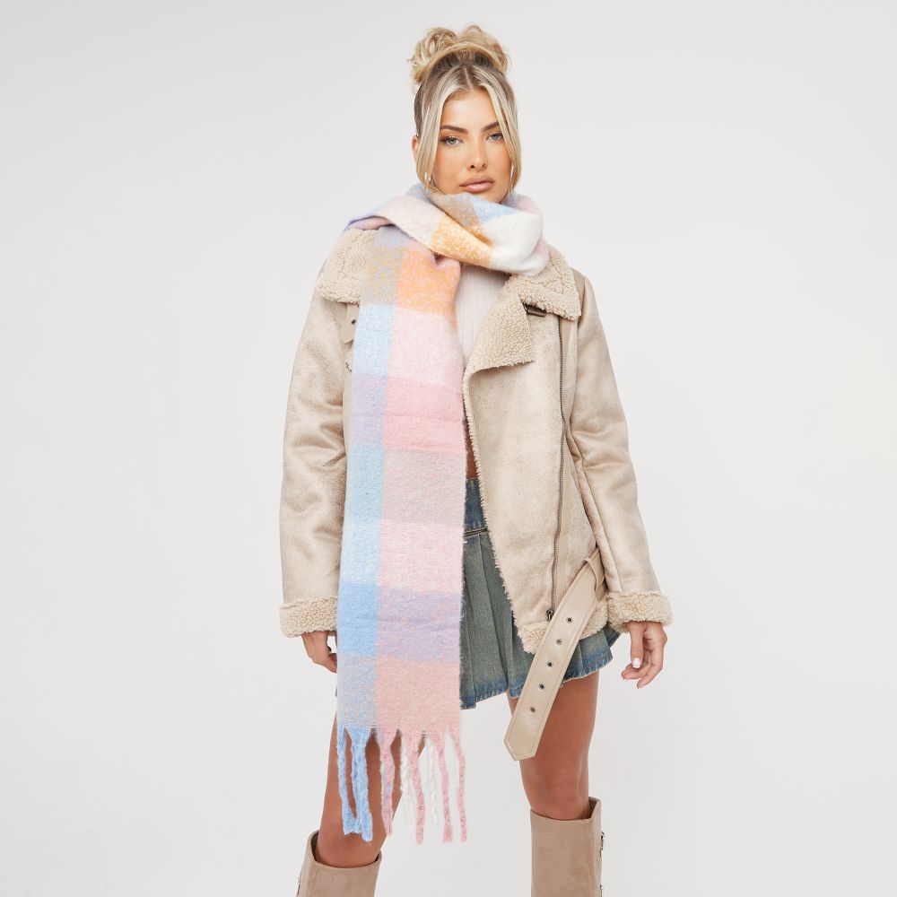 Oversized Scarf In Blue And Pink And White Checked Print | EGO Shoes (US & Canada)