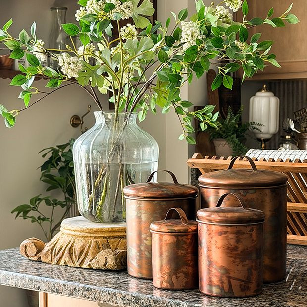 Lidded Copper Finished Stainless Steel Canisters Set of 4 | Antique Farm House
