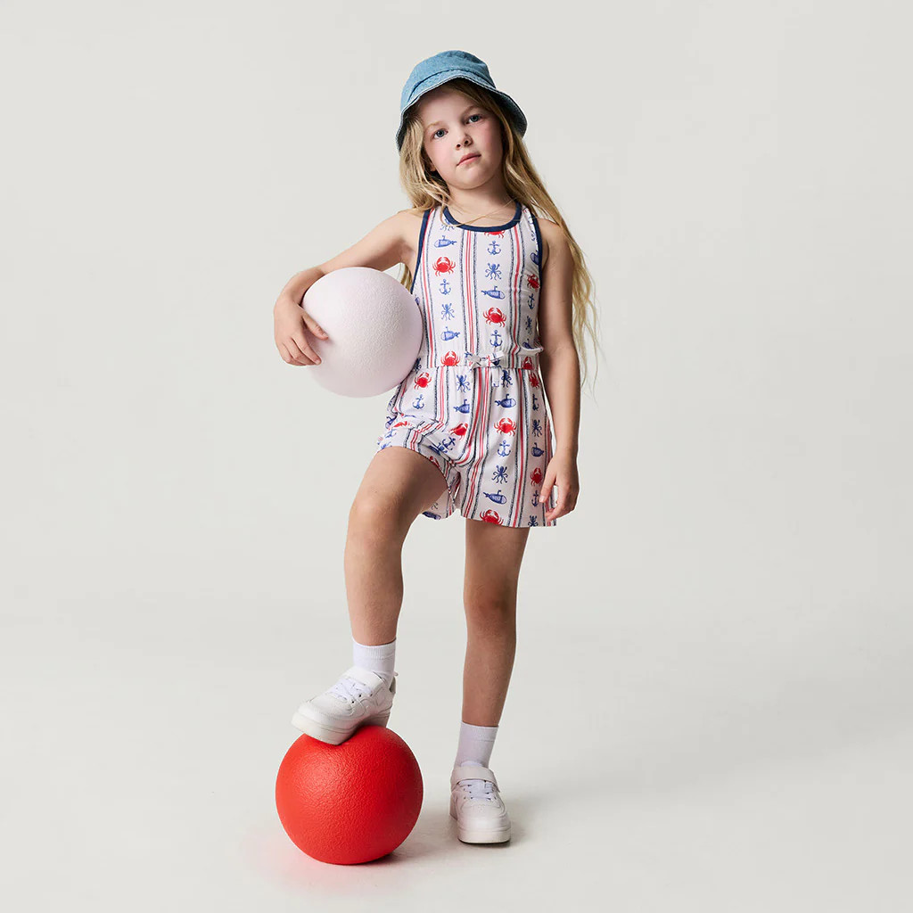 Nautical Blue Sleeveless Criss-cross Back Girl Romper | Connor | Posh Peanut