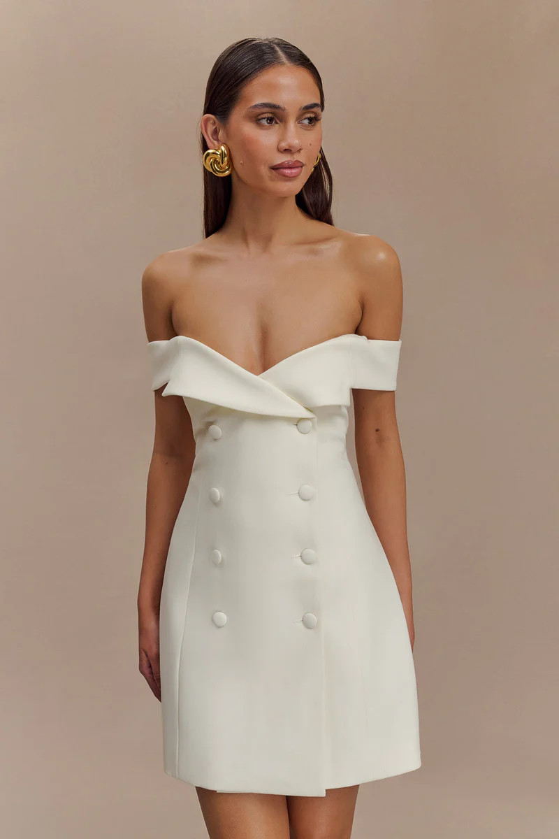 Noelle Off Shoulder Suiting Mini Dress - Ivory | MESHKI US