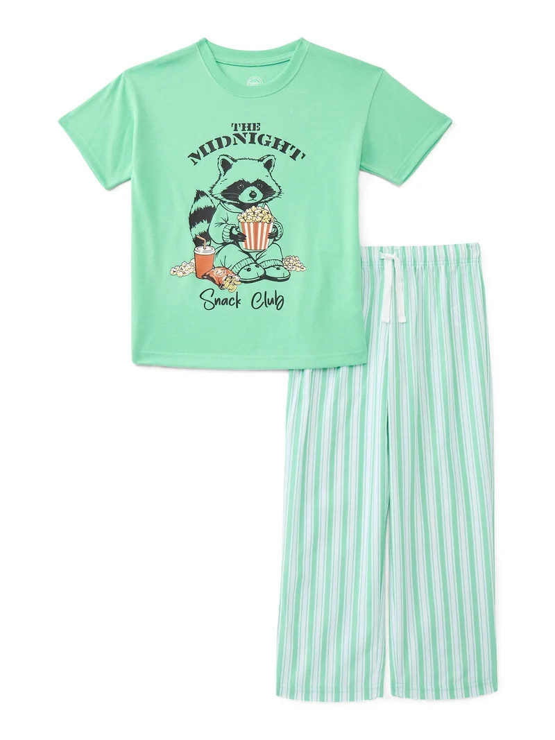 Wonder Nation Boys Knit Tee and Poplin Pants Pajama Set, 2-Piece, Sizes 4-18 | Walmart (US)