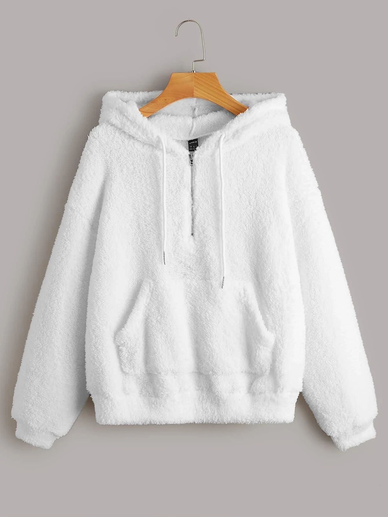 SHEIN EZwear Half Zip Kangaroo Pocket Shearling Sweatshirt | SHEIN