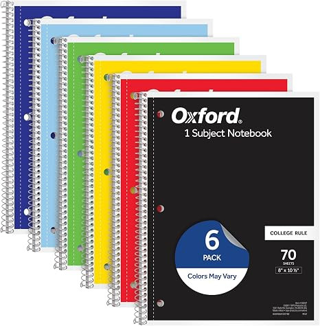 Oxford Spiral Notebook 6 Pack, 1 Subject, College Ruled Paper, 8 x 10-1/2 Inch, Color Assortment ... | Amazon (US)