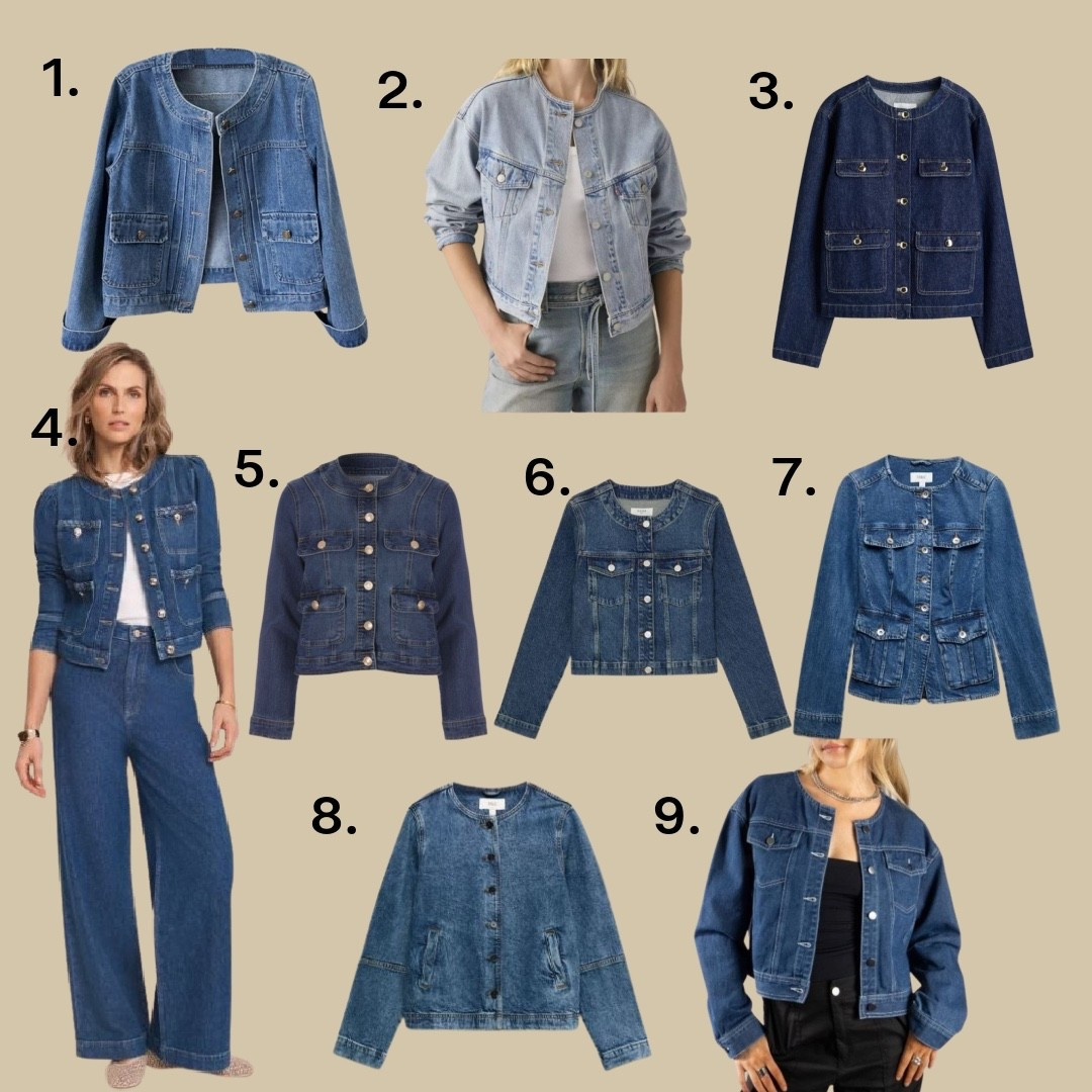 Collarless denim jackets can update a classic wardrobe without it looking out of place. There’s many ways it can be worn with classic clothes like white trousers and a simple white top. #fashionover50 #springtrends #springoutfits
