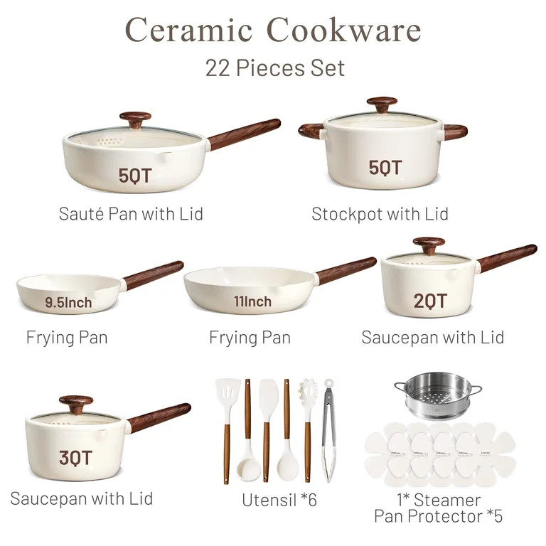 Carote 22-Piece Pots and Pans Set, Ceramic Nonstick Cookware Set with Steamer,Induction Compatibl... | Walmart (US)
