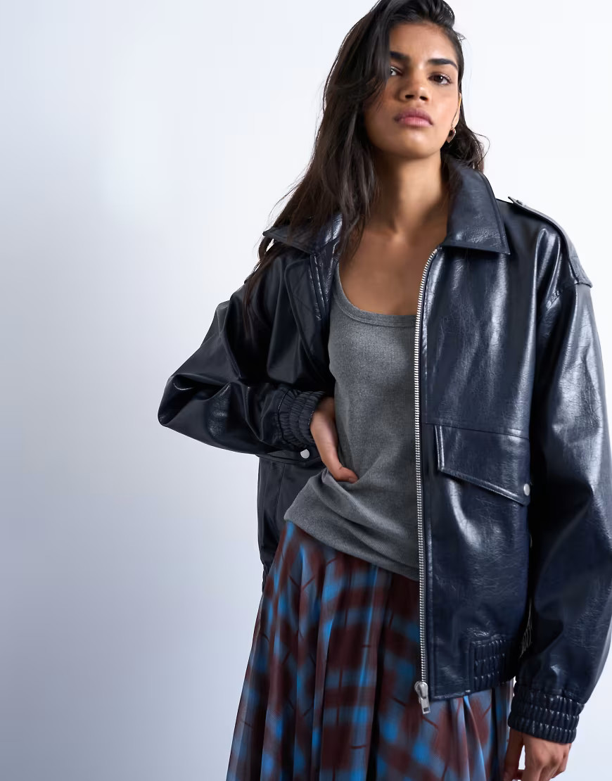 Topshop faux leather washed blue bomber jacket in washed blue | ASOS (Global)