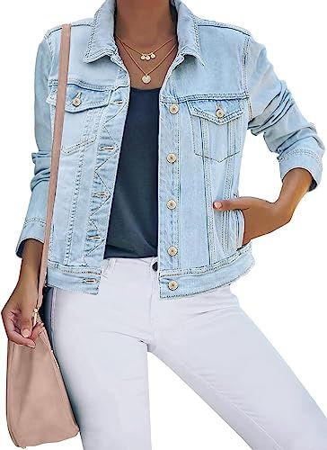 luvamia Women's Basic Button Down Stretch Fitted Long Sleeves Denim Jean Jacket | Amazon (US)
