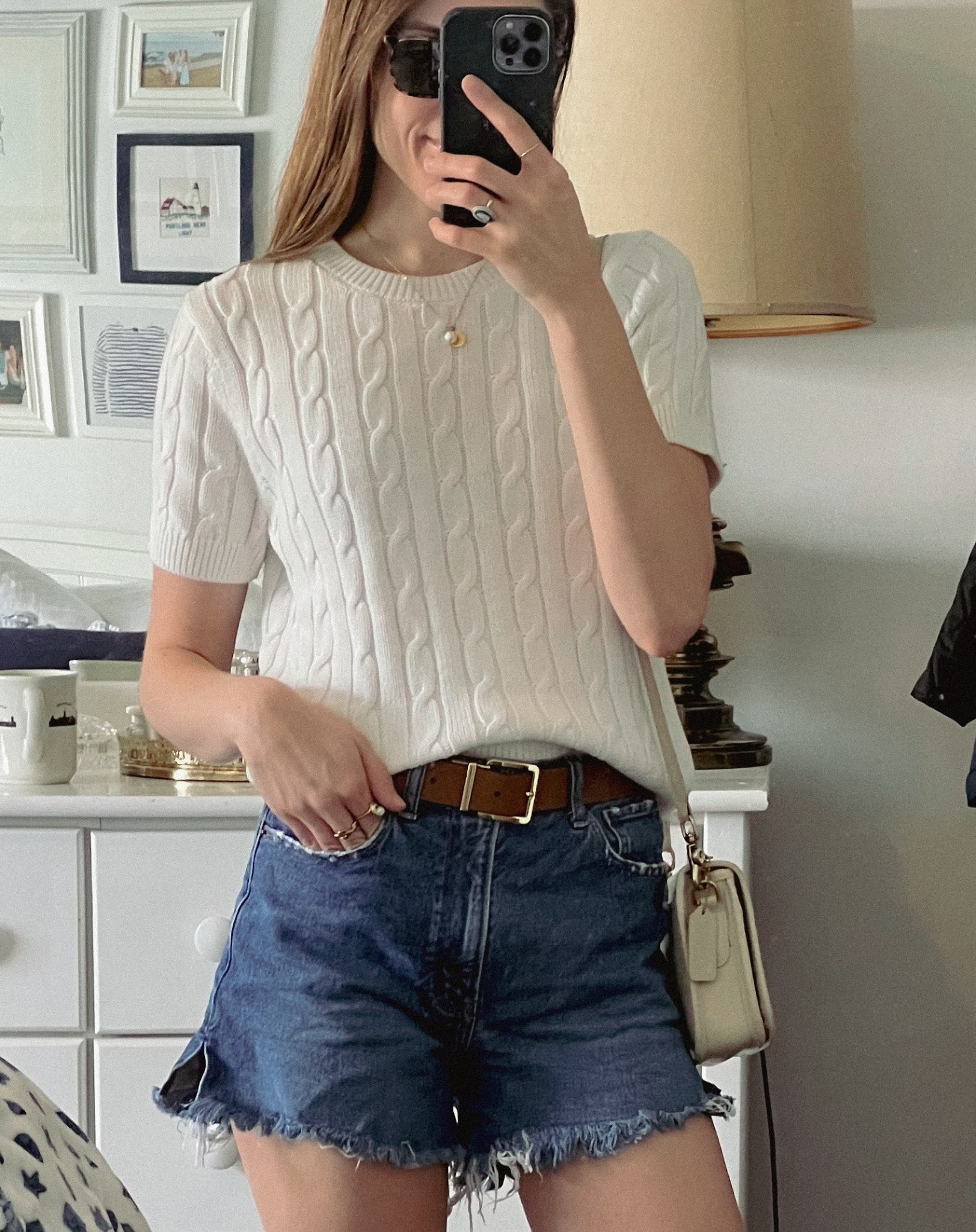 Cable knit sweater, preppy, Ralph Lauren vibe, classic style, summer outfit, summer style, vintage coach, pearls, Jean shorts, Abercrombie 

#LTKFindsUnder100 #LTKItBag #LTKStyleTip