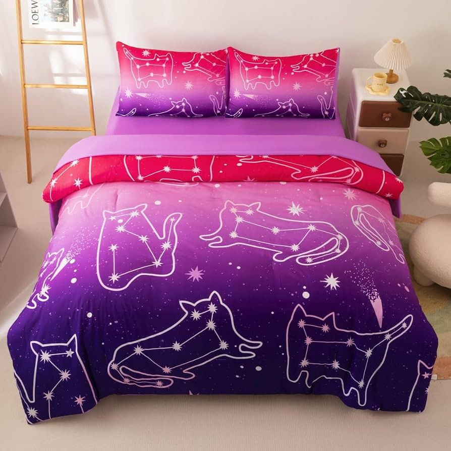 Podol 5 Pieces Gradient Cat Glitter Bedding Set for Girl Pink Purple Ombre Comforter Set Twin Siz... | Amazon (US)