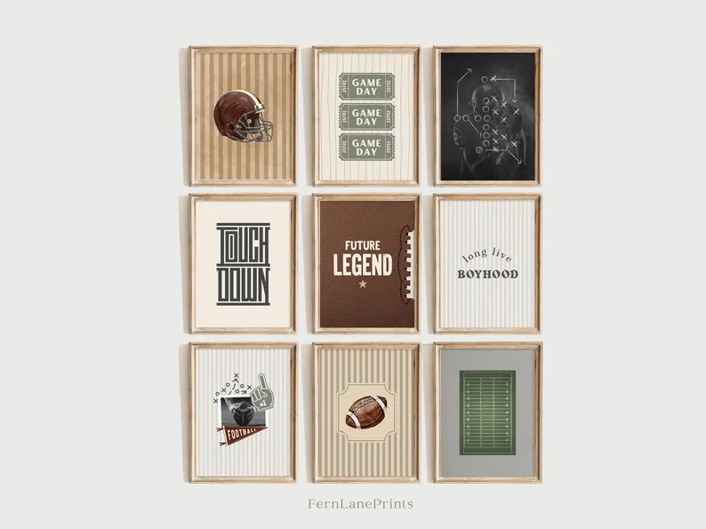 Vintage Football Art Print, Boys Room Gallery Wall, Sports Nursery Decor (Set of 9) | Etsy (Global)