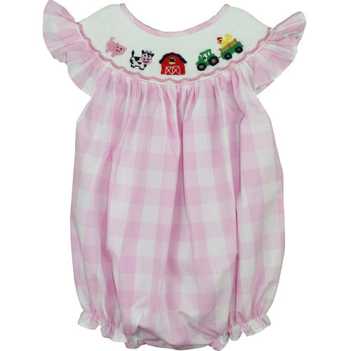 Pink Check Smocked Farm Bubble | Cecil and Lou