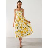 Mango Floral Midi Dress With Gathered Neckline - Yellow | Very (UK)