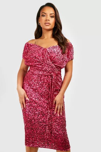 Plus Sequin Off The  Shoulder Wrap Midi Dress | Boohoo.com (US & CA)