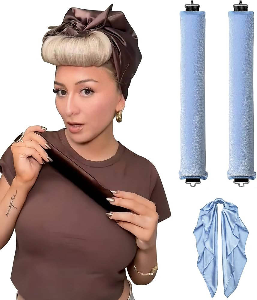 Satin Heatless Hair Curler to Sleep Heatless Curls Overnight Blowout Rods Headband No Heat Curlers Curling Set, Jumbo Rods Foam Hair Rollers for Fine Thin Hair Big Curls Styling Tools Blue | Amazon (US)