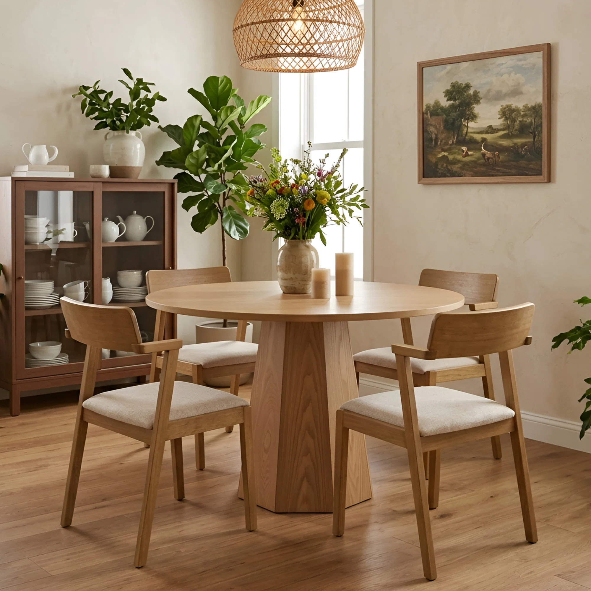 5-Piece Dining Set Mid-Century Modern Round Wooden Table & Upholstered Chair Set For Home, Kitche... | Wayfair North America