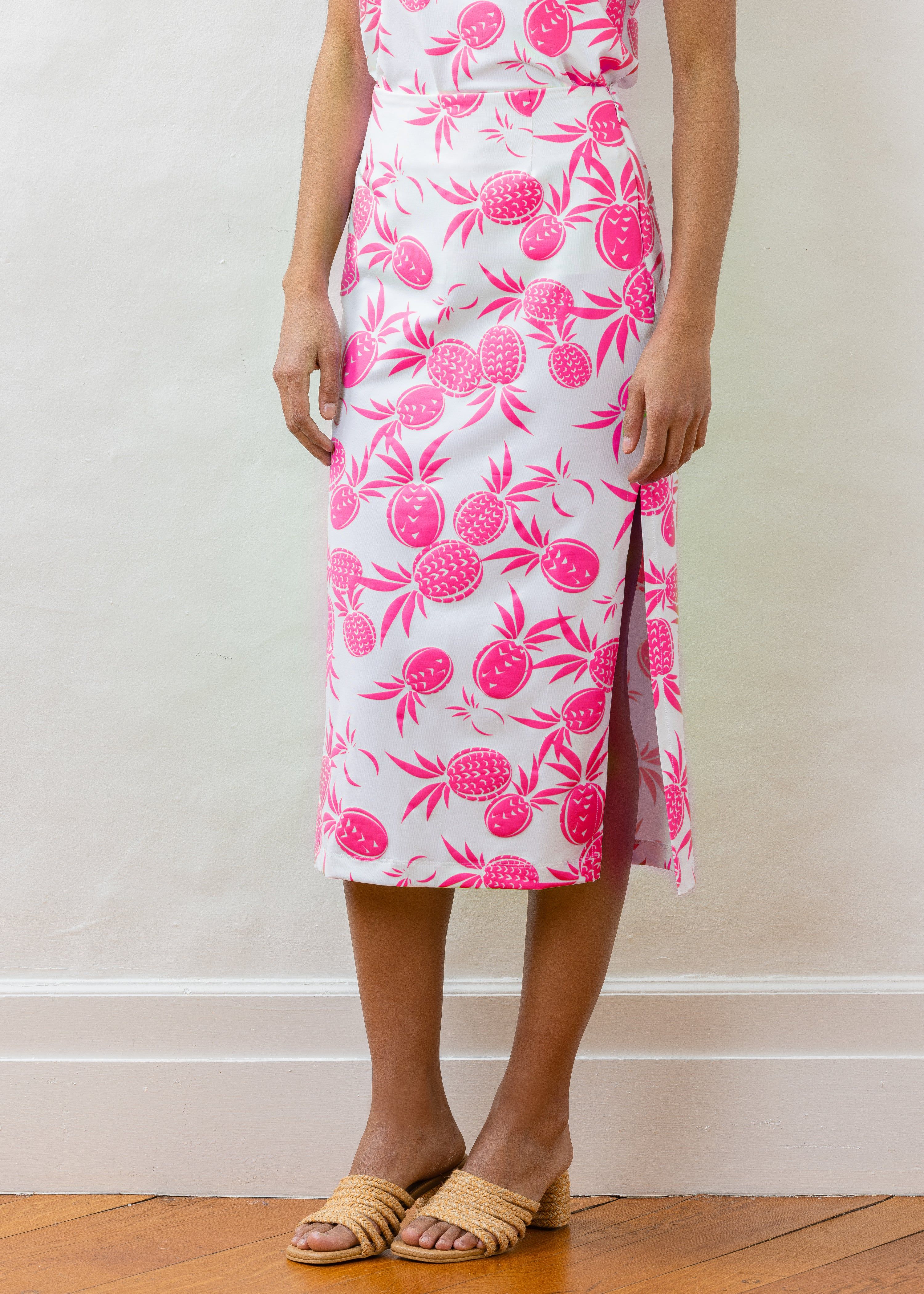 Lott Skirt Long in Repreve® Jersey (Pink Pineapple Print) | Dudley Stephens