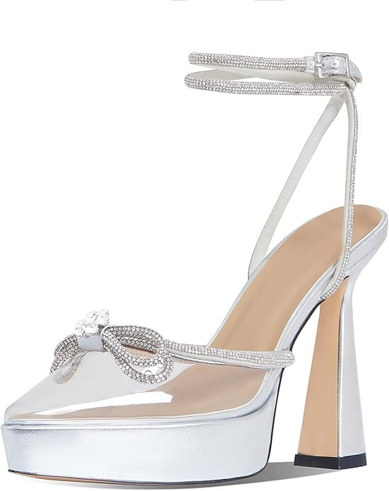 AMINUGAL Womens Rhinestones Bow Knot Platform Heeled Sandals Ankle Strap Pointed Toe Stiletto Hig... | Amazon (US)