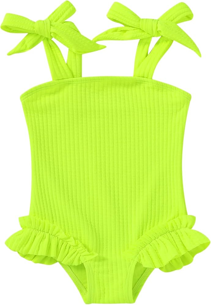 Happy Town Toddler Swimsuit Girl Solid Color Stripe One-Piece Baby Bathing Suits | Amazon (US)