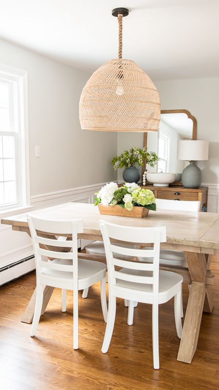 Natural wood elements, rattan light fixture, Pottery Barn table, white chairs, coastal style home decor, dining room

#LTKHome #LTKFamily