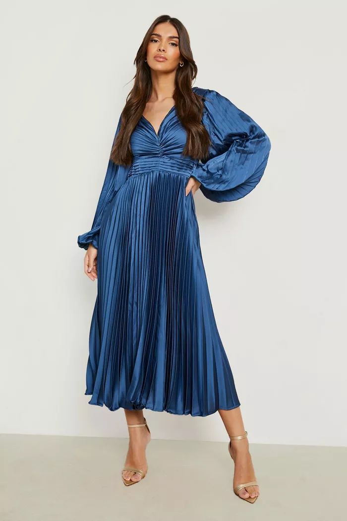Satin Pleated Plunge Midi Dress | Boohoo.com (US & CA)