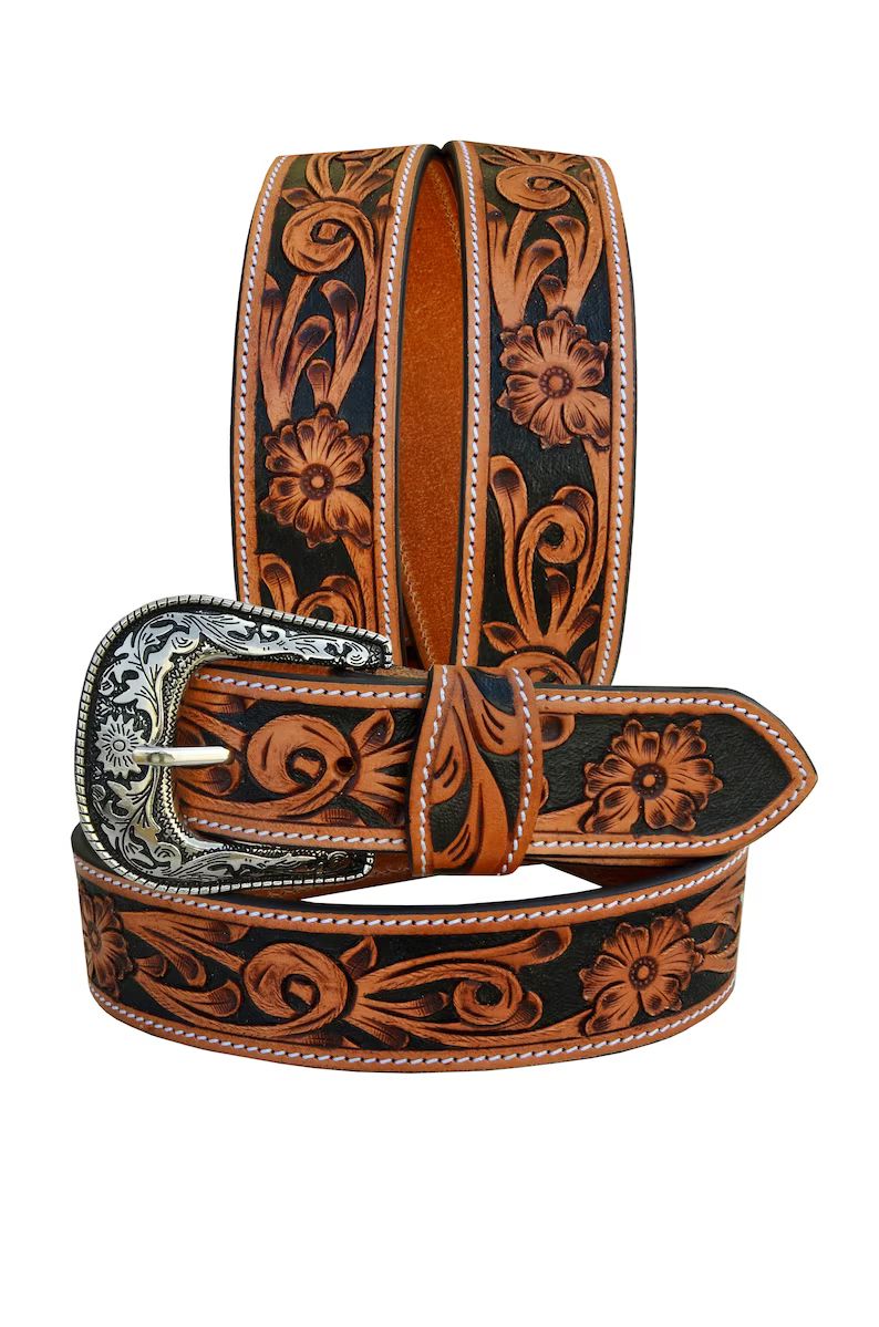 Personalized Genuine Leather Western Hand Tooled and Hand Painted Floral Belt With Removable Buck... | Etsy (US)