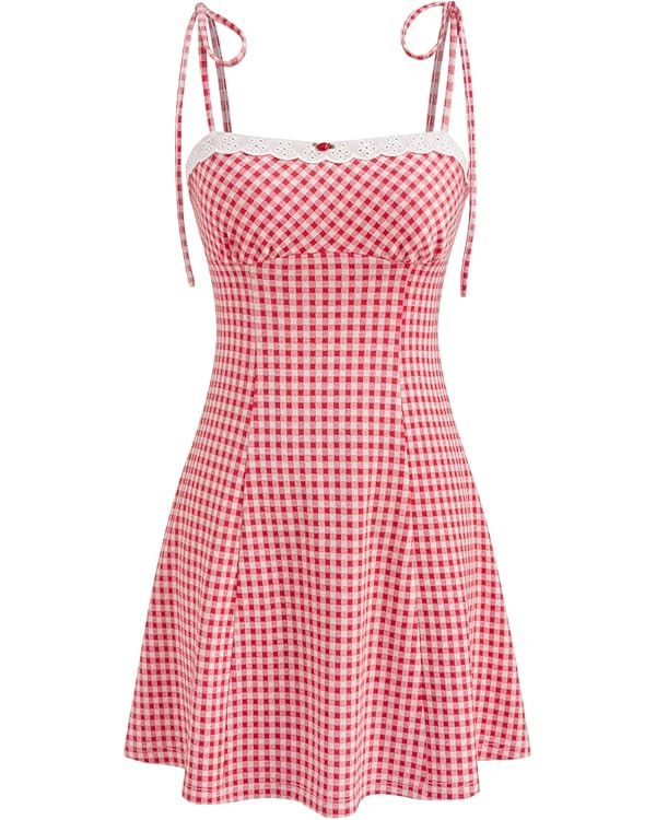 CIDER Womens Summer Gingham Dress Plaid Tie Spaghetti Strap Sleeveless Lace Trim Cute A Line Casu... | Amazon (US)