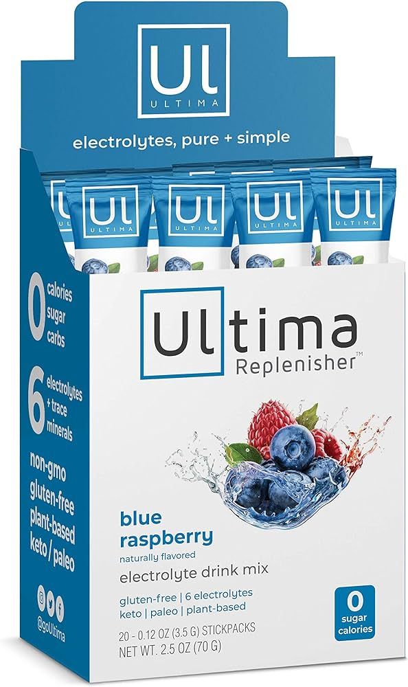 Ultima Replenisher Electrolyte Hydration Drink Mix, Blue Raspberry, 20 Serving Stickpack Box - Su... | Amazon (US)