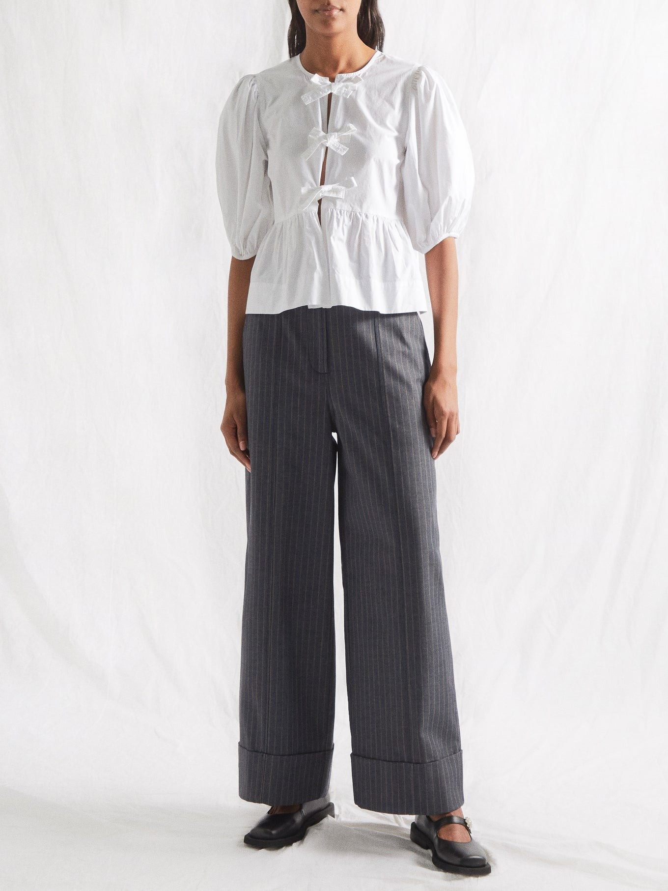 Tie-front puff-sleeve poplin blouse | Ganni | Matches (US)