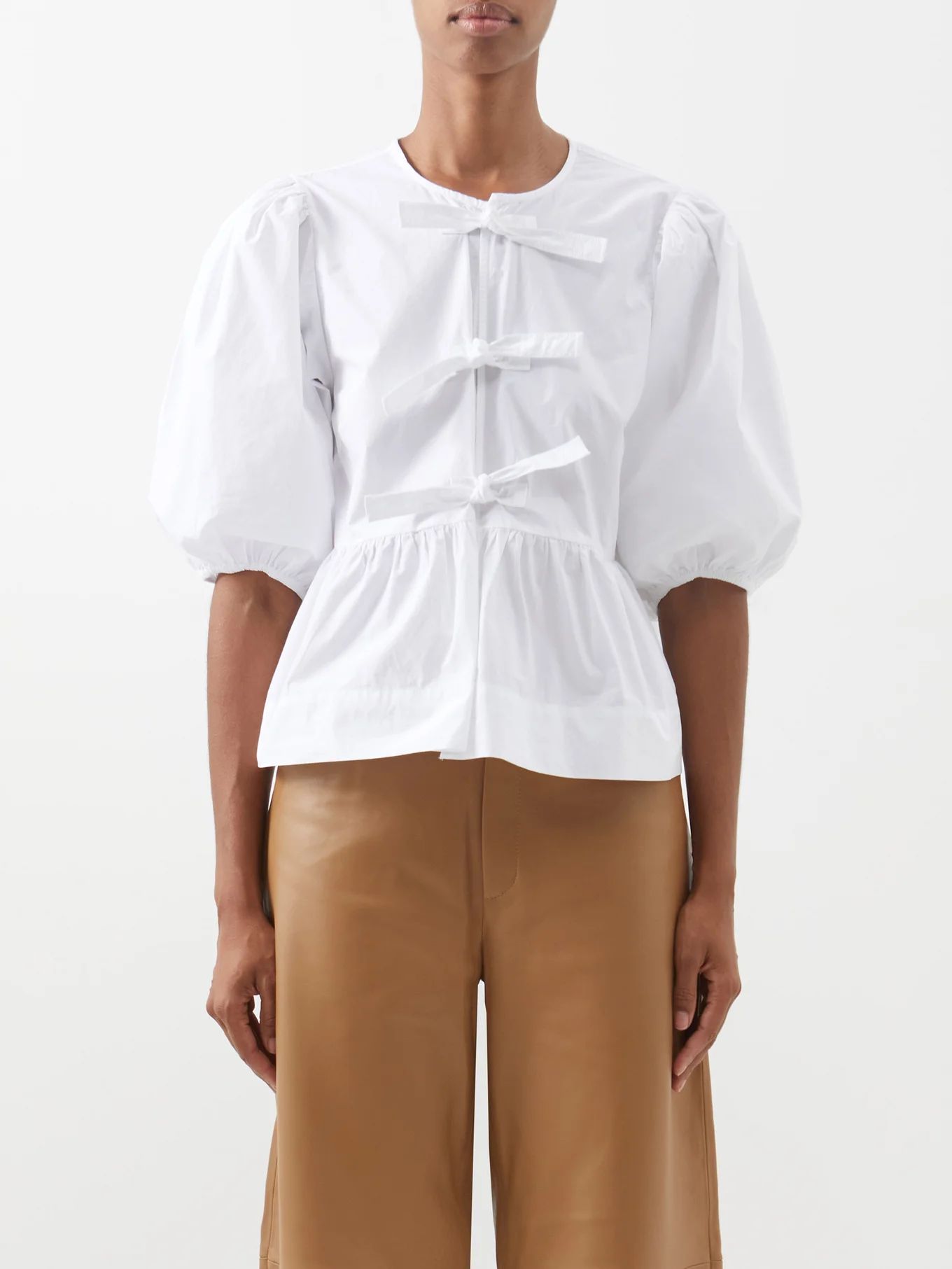 Tie-front puff-sleeve poplin blouse | Ganni | Matches (US)