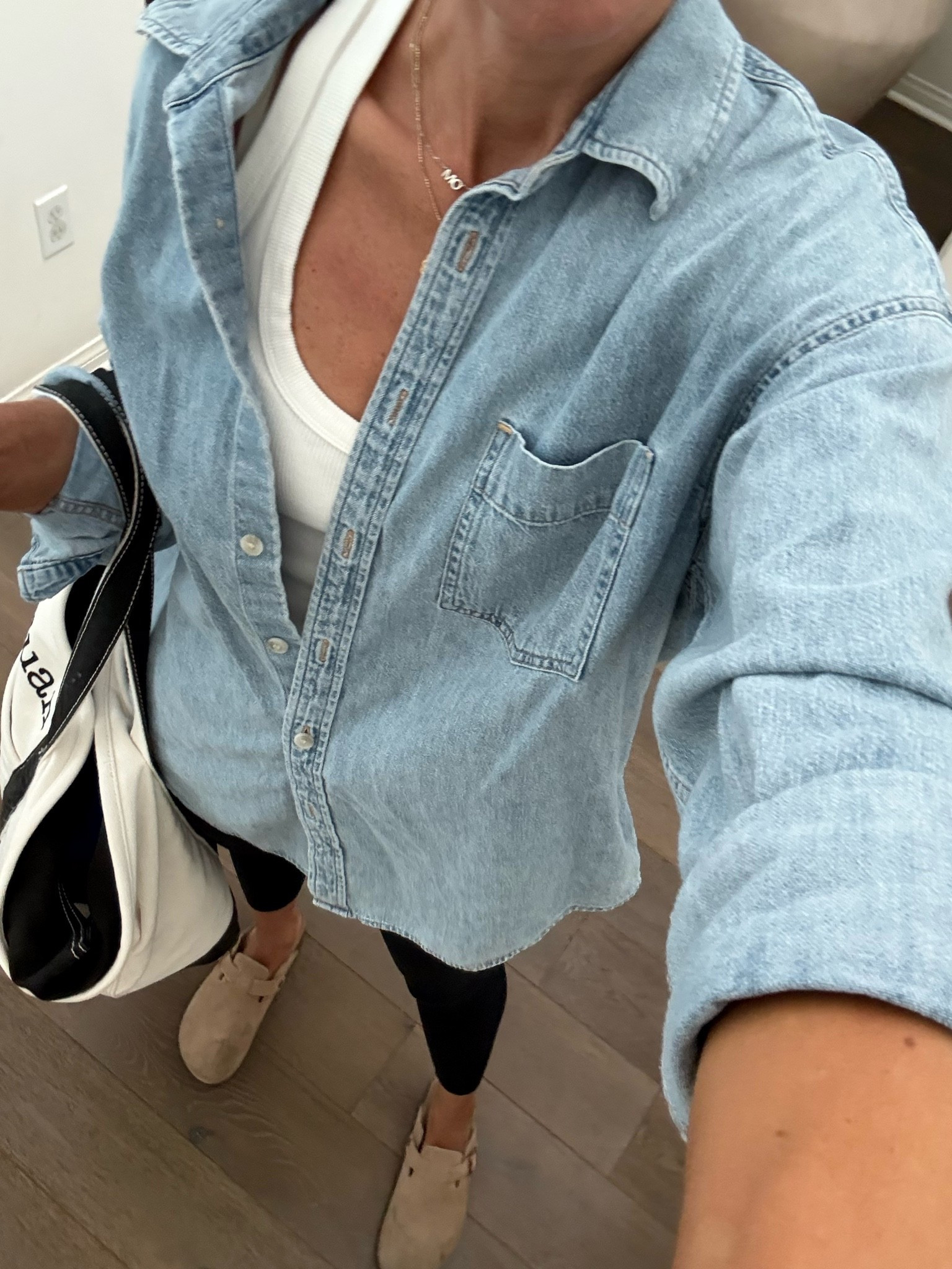 OOTD for a day of swim lessons and running errands 💙 I have worn this denim shirt so many different ways! So versatile and makes multiple outfits 👌🏻 

Aritzia, denim button down shirt, black leggings, Birkenstocks, casual everyday outfit, mom style, mom outfits, school dropoff outfit, comfy everyday outfit

#LTKootd #LTKmomlife #LTKgrwm