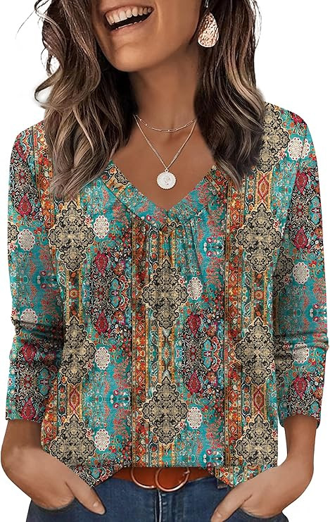 OFEEFAN 3/4 Length Sleeve Womens Tops Pleated Front V Neck Tunic Shirts Loose Blouses Dressy Casu... | Amazon (US)