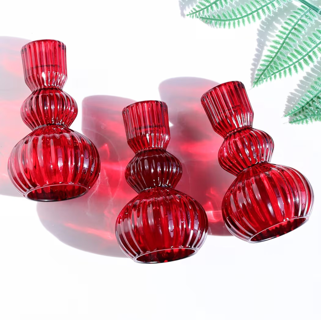 Woho Red Candlestick Holders Set of 3 for Christmas Decorations, 4.3" H Vintage Ribbed Taper Cand... | Amazon (US)