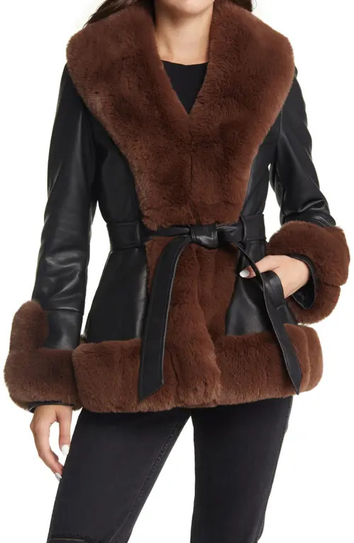 AZALEA WANG Faux Leather & Faux Fur Belted Coat in Black at Nordstrom, Size X-Large | Nordstrom