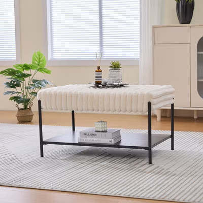 KWPZQEB Rectangle Upholstered Faux Fur Fabric Ottoman Coffee Table, Padded Bench with Wood Shelf for Living Room Bedroom - Beige | Target