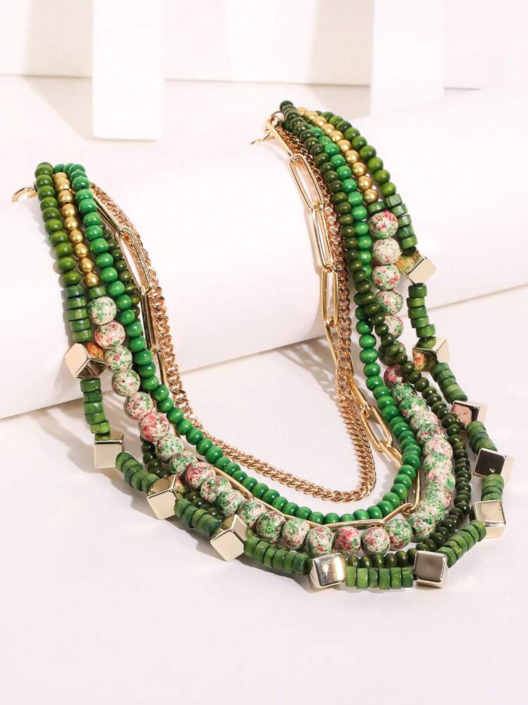 1pc Multi-Layer Green Beaded Necklace, Suitable For Women Christmas & Daily Wear | SHEIN