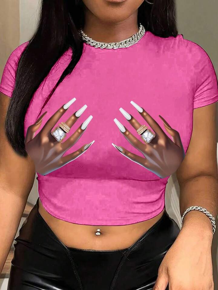 SHEIN Slayr Plus Size Palm Print Casual Short Sleeve T-Shirt With Round Neck For Summer | SHEIN