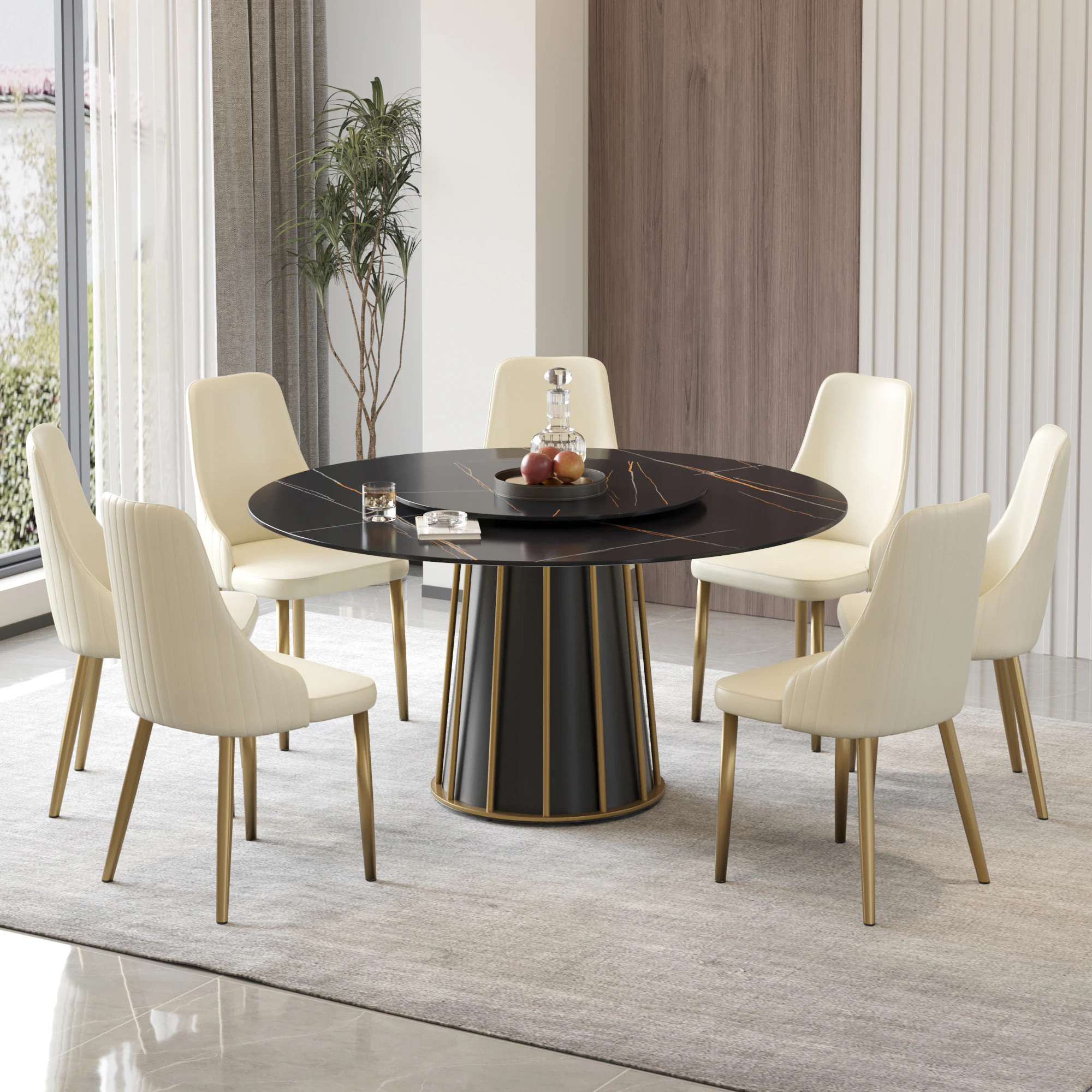 BuotiqHom 59 in. Black+ Lazy Susan Round Contemporary/Modern Ceramic Dining Table, with Primed Finish and Metal Pedestal Base 59-in L x 29.5-in H | Lowe's