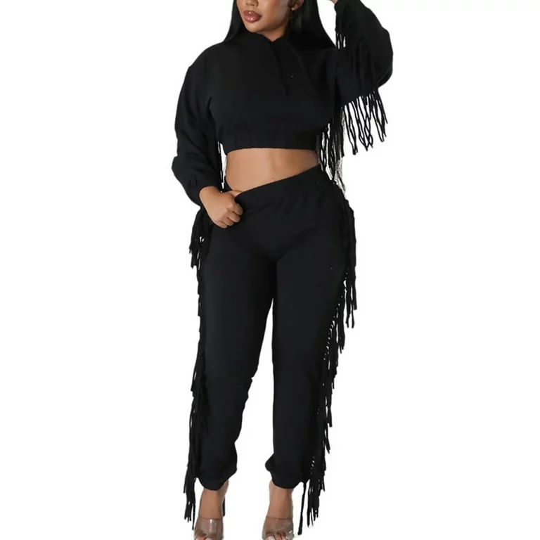 Women's Fall Clothes 2 Piece Sets Long Sleeve Cropped Tassel Hoodies with Fringed Jogger Pants Se... | Walmart (US)