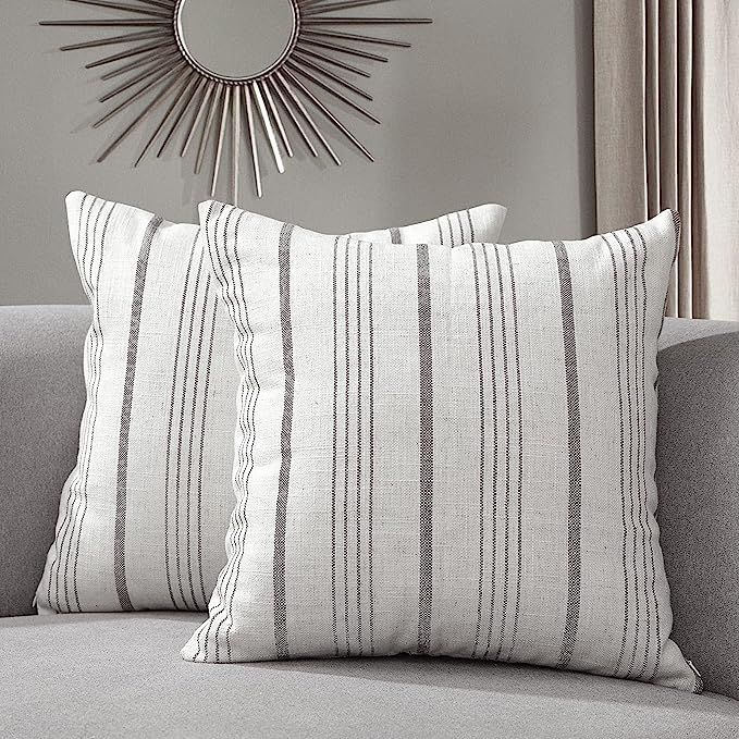 Sunlit Decorative Farmhouse Throw Pillow Case, Set of 2 Cream/Off-White with Charcoal Stripes Mod... | Amazon (US)
