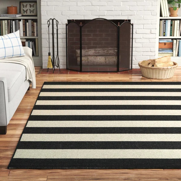 Papatya Striped Flatweave Onyx Black Ivory Indoor Outdoor Area Rug | Wayfair North America