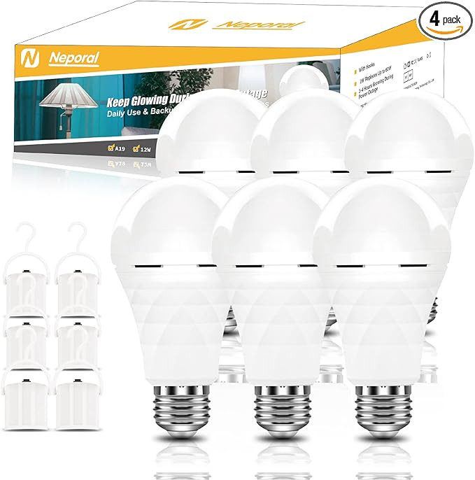Neporal A19 Rechargeable Light Bulbs, Socket Rechageable Battery Backup for Power Outages, Emerge... | Amazon (US)