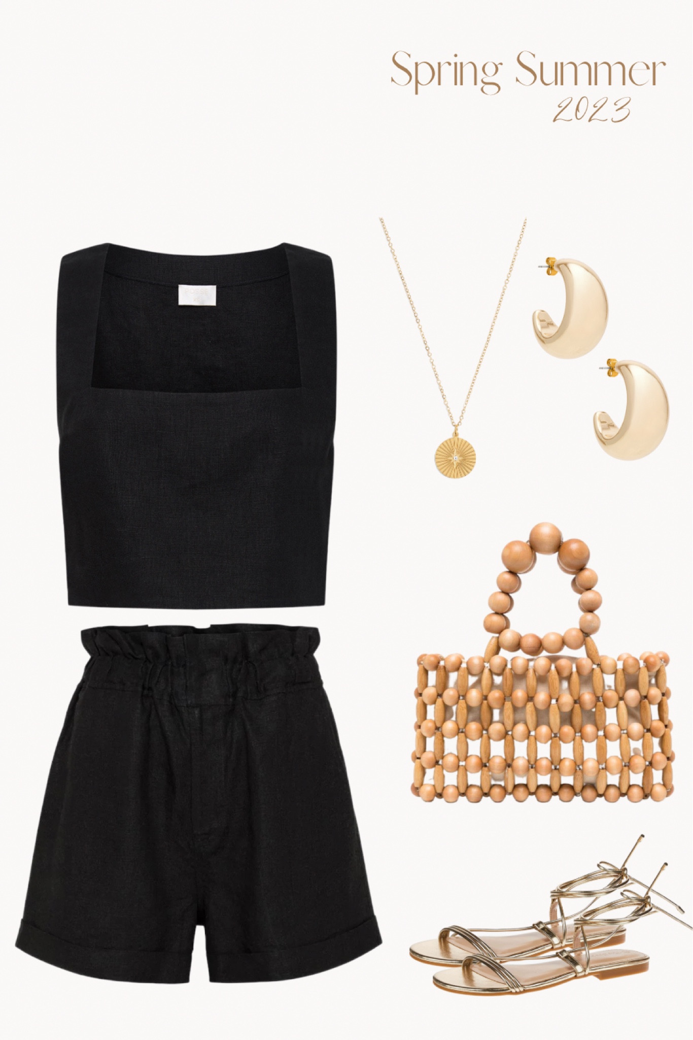 Spring Summer 2023 Outfit. Spring Outfit, Vacation Outfit, Resort Wear,  Date Night. Black shorts, black crop top, linen, linen set, gold jewelry, Bottega dupe earrings, black and gold outfit LTKitbag

#LTKFind #LTKtravel #LTKSeasonal #LTKswim #LTKstyletip #LTKunder100 #LTKunder50