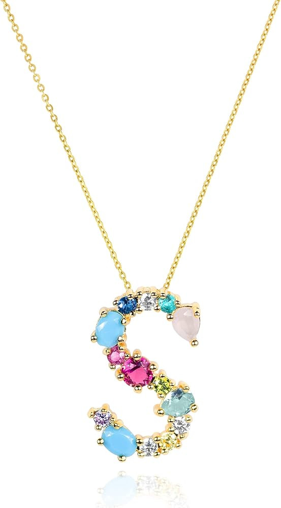 LAVLA Cubic Zirconia Initial Necklace For Women | Dainty Initial Necklace | 18k Gold Plated Color... | Amazon (US)