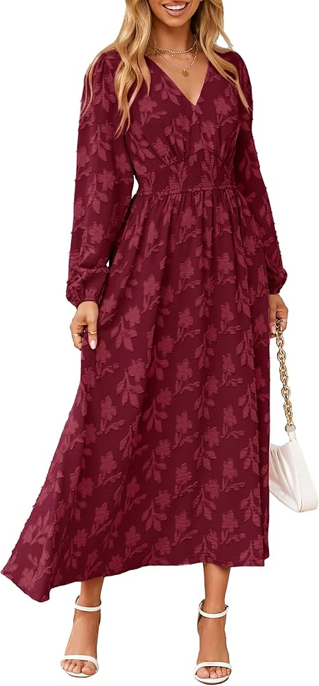 Simplee Womens Boho Floral Long Sleeve Maxi Dress V Neck Empire Waist Fall Wedding Guest Dresses ... | Amazon (US)