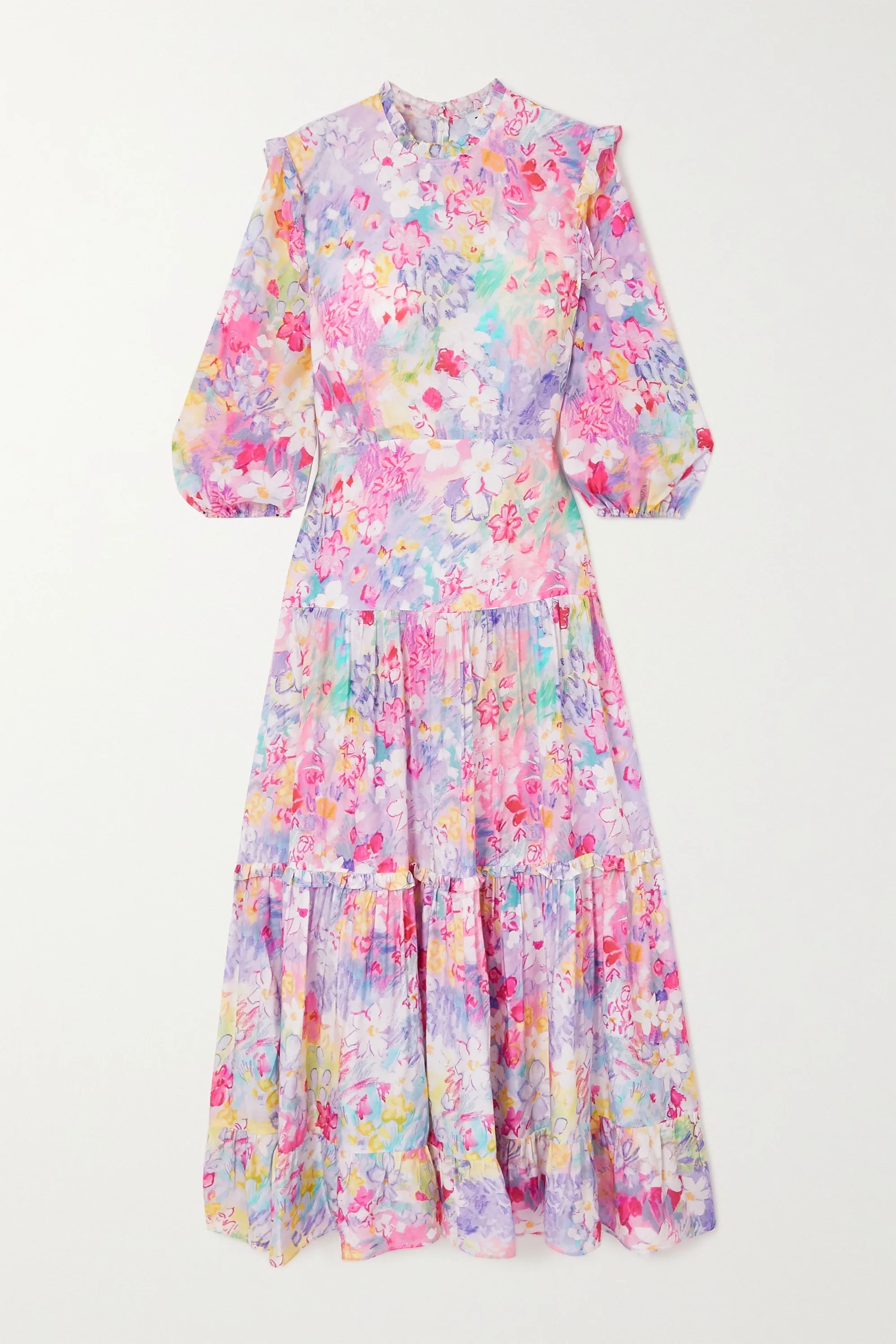 Pink Monet ruffled tiered floral-print cotton and silk-blend midi dress | RIXO | NET-A-PORTER | NET-A-PORTER (US)