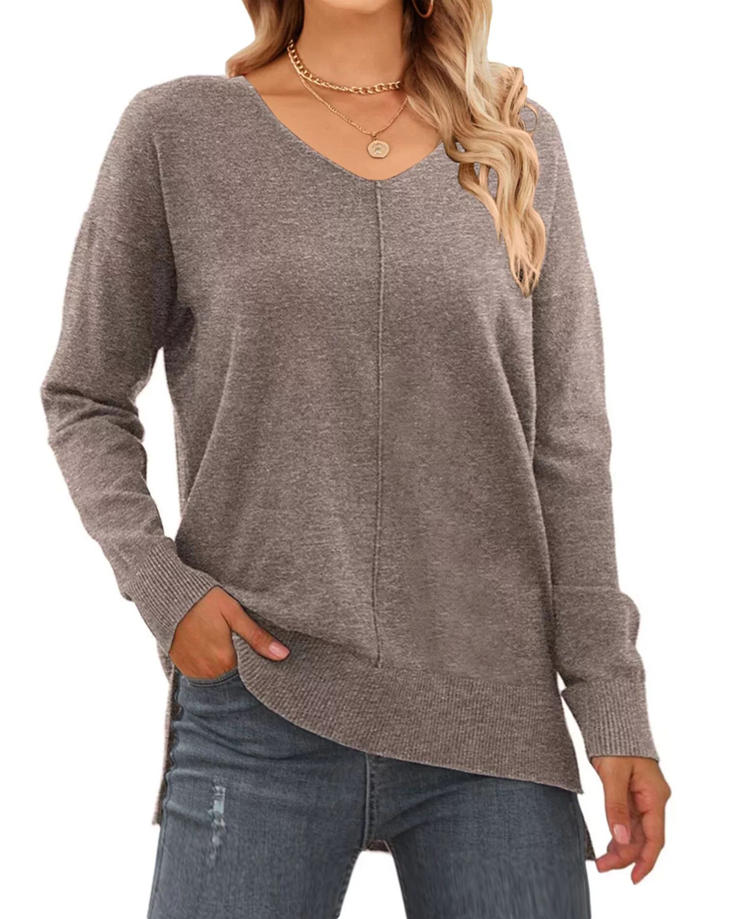MOSHU V Neck Sweaters for Women Fall Lightweight Knit Pullover Sweater - Walmart.com | Walmart (US)