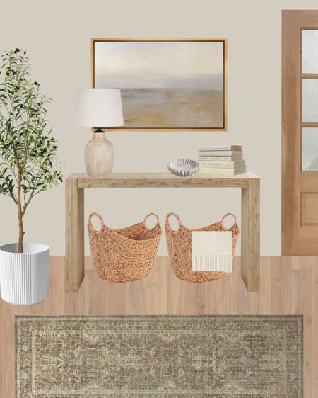 Entryway decor. Console table. Baskets. Wall art. Throw blanket. Table lamp. Olive tree. Planter. Decor books. Marble bowl. Loloi runner rug  

#LTKhome