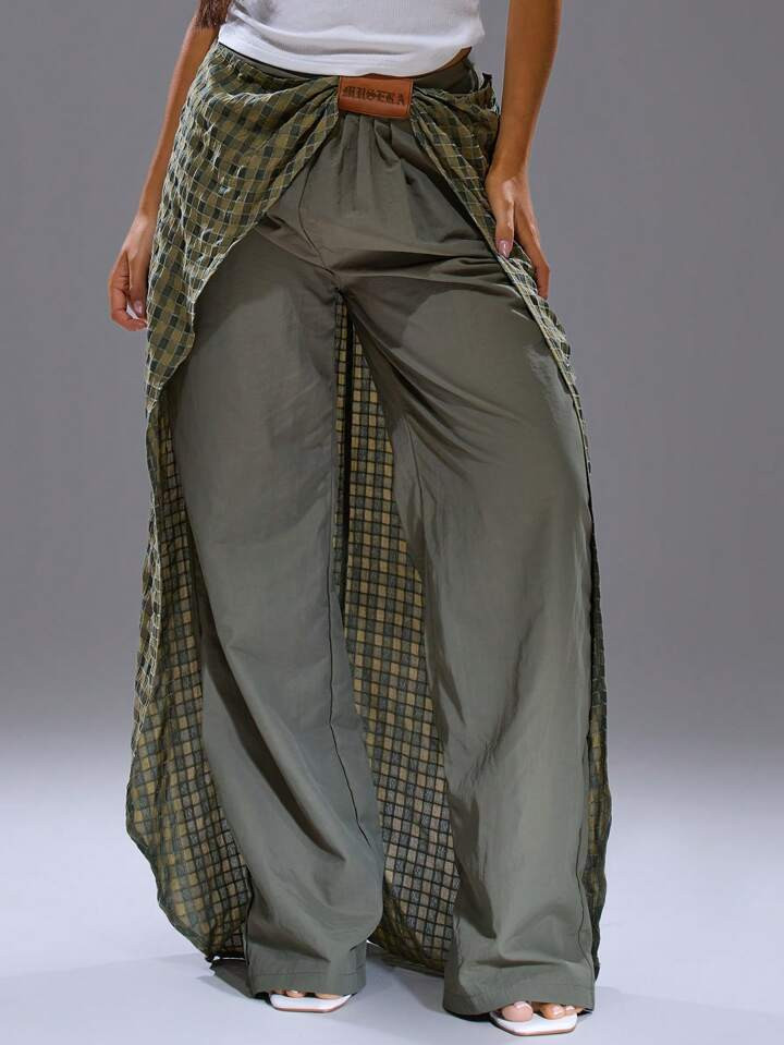 MUSERA Nylon Trousers With Maxi Skirt Check Overlay Spring, Summer, Streetwear, Y2k, Cool Girl,City Muse Fall, Autumn, Winter | SHEIN
