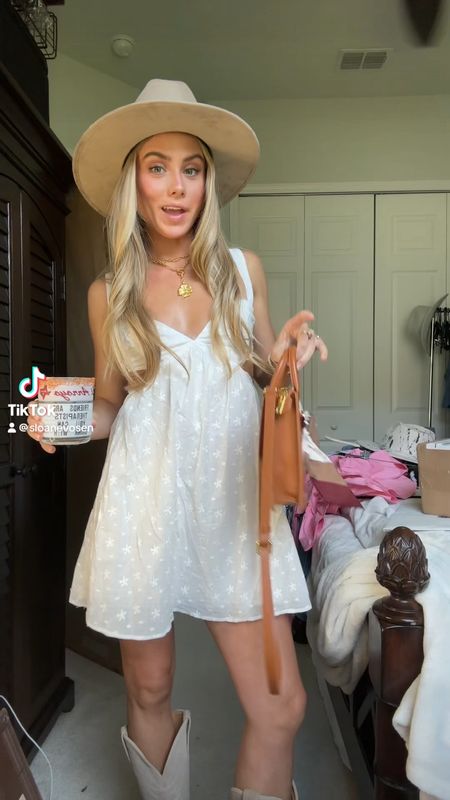 Country concert outfit of the night. Wearing a princess Polly white mini dress. Tecovas brown suede cowboy boots. Cowboy hat is from creative communal goods. Clear stadium approved bag is from Hampton Road designs. Country concert outfit. Concert outfit  

#LTKVideo #LTKFestival #LTKshoecrush