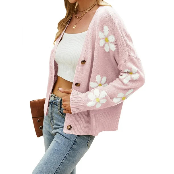 HUBERY Women Daisy Print Single-Breasted Long Sleeve Knitwear Cardigan | Walmart (US)